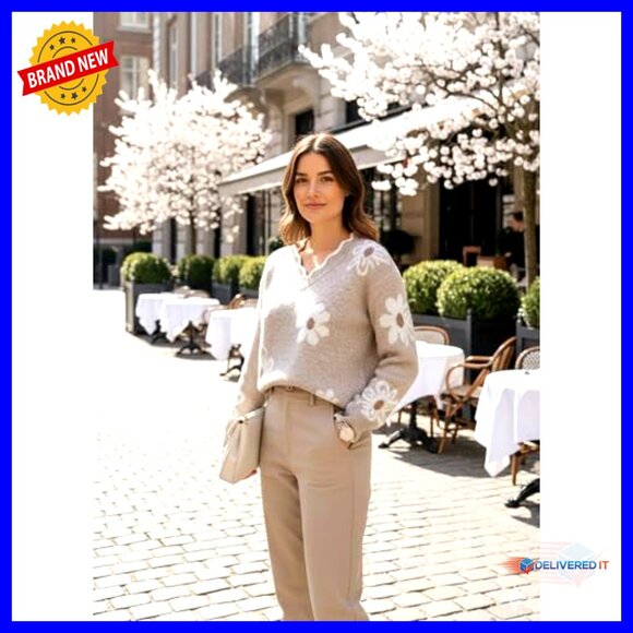 V-Neck Ribbed Knit Pullover Sweater Fuzzy Floral Pattern Cozy Casual Tops - Picture 2 of 7